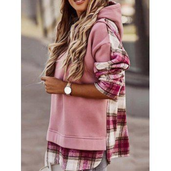 

Plaid Print Panel Hoodie Drawstring Long Sleeve Slit Long Sweatshirt With Hood, Light pink