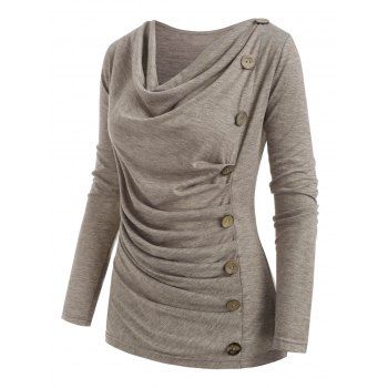 

Plus Size T-shirt Cowl Neck Ruched Mock Button T-shirt Long Sleeve Curve Tee, Light coffee