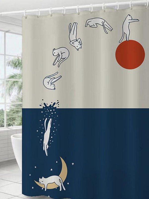 Rideau de Douche à Imprimé Chat Malicieux sur la Lune et Soleil pour Salle de Bain - multicolor W59 X L71 INCH