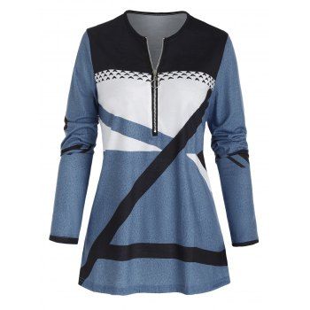 

Colorblock Heathered Print T Shirt O Ring Half Zipper Long Sleeve Tee, Multicolor a