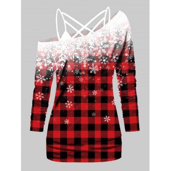 

Plain Lattice Strap Cami Top And Plaid Snowflake Print Skew Neck Long Sleeve T Shirt Christmas Top, Red