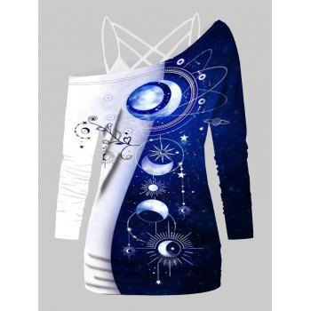 

Two Tone Flower Galaxy Moon Phase Sun Print Skew Collar Knit Top And Crisscross Pure Color Camisole Two Piece Set, White