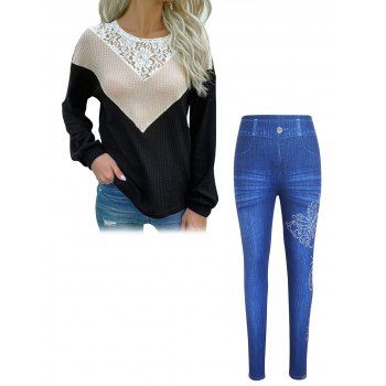 

Flower Lace Insert Colorblock Textured Knit Top And Faux Denim Butterfly Floral Print Leggings Casual Outfit, Multicolor