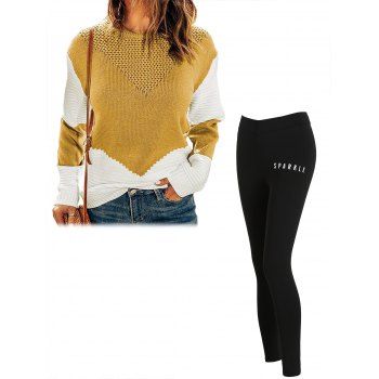 

Contrast Colorblock Ribbed Hem Textured Sweater And Letter Print Leggings Casual Outfit, Multicolor