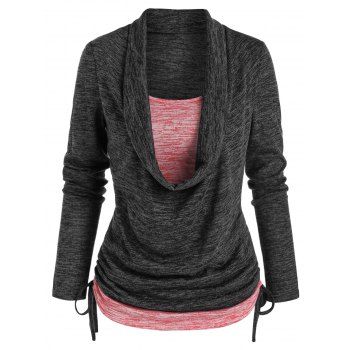 

Plus Size Colorblock Faux Twinset T-shirt Cinched Space Dye Long Sleeve 2 In 1 Tee, Black