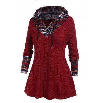 

Plus Size Faux Twinset Hooded Sweater Cable Knit Tribal Print Drawstring Zipper Long Sleeve Pullover Sweater, Deep red
