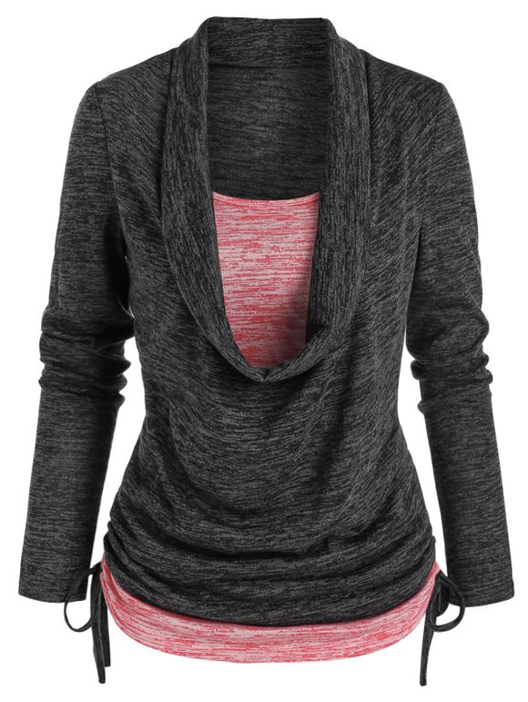 Plus Size Colorblock Faux Twinset T-shirt Cinched Space Dye Long Sleeve 2 In 1 Tee - BLACK 5X