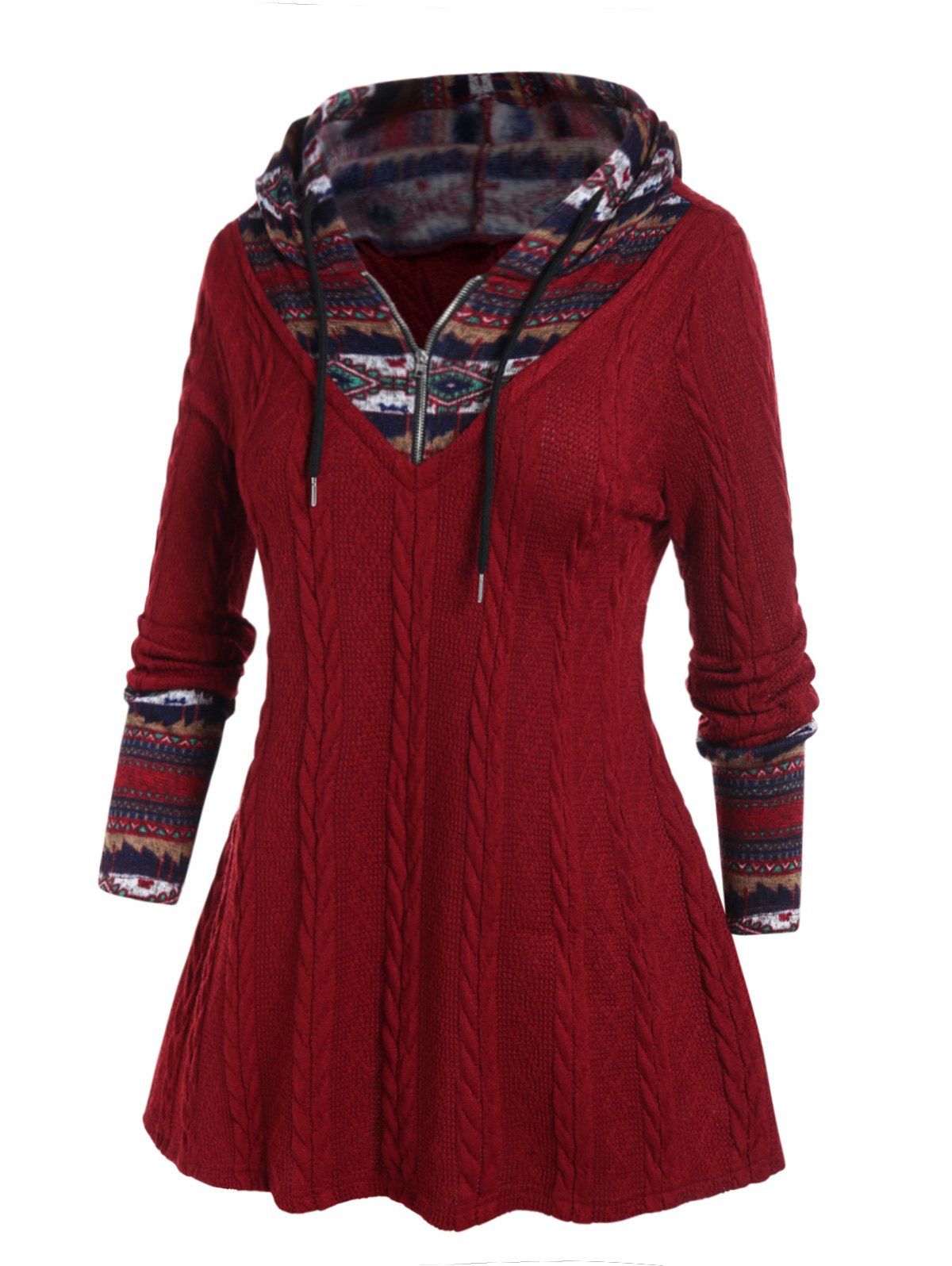 Plus Size Faux Twinset Hooded Sweater Cable Knit Tribal Print Drawstring Zipper Long Sleeve Pullover Sweater - DEEP RED 2X
