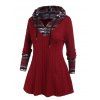 Plus Size Faux Twinset Hooded Sweater Cable Knit Tribal Print Drawstring Zipper Long Sleeve Pullover Sweater - DEEP RED 2X