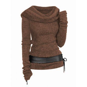 

Hooded Cowl Front Belted Lace Up Sweater, Coffee