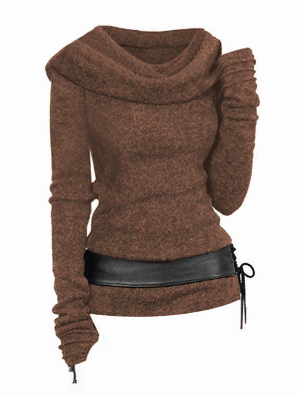 Hooded Cowl Front Belted Lace Up Sweater - COFFEE XXL
