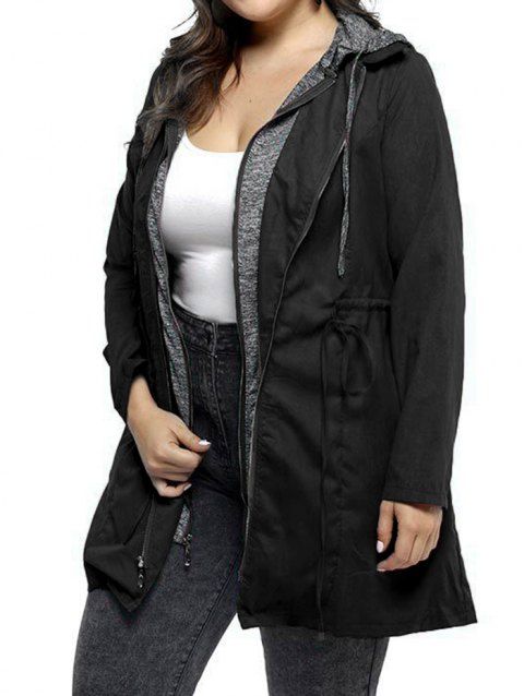Plus Size & Curve Coat Drawstring Waist Long Hooded Coat Space Dye Hood Zip Up Coat