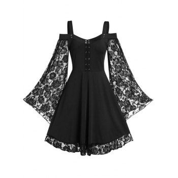 

Gothic Dress Solid Color Dress See Thru Lace Sleeve Lace Up Cold Shoulder A Line Mini Dress, Black