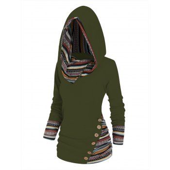 

Tribal Geometric Stripe Panel Hooded Knit Top Long Sleeve Mock Button Knitted Top, Deep green