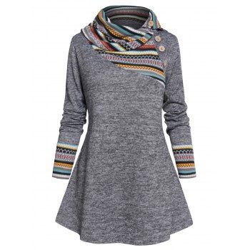 

Plus Size Tribal Pattern Stripe Panel Knit Top Mock Button Long Sleeve Shawl Neck Knitted Top, Gray