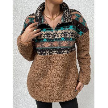 

Tribal Flower Animal Geometric Pattern Fluffy Sweatshirt Drop Shoulder A Quarter Zip Hidden Pocket Ethnic Sweatshirt, Deep coffee