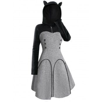 

Vintage Colorblock Spliced Hooded Fleece Dress Long Sleeve Mock Button A Line Dress With Animal Ear Hood, Gray