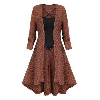 

Asymmetric Longline Faux Twinset Sweater Crisscross Eyelet Full Sleeve High Low Twofer Sweater, Coffee