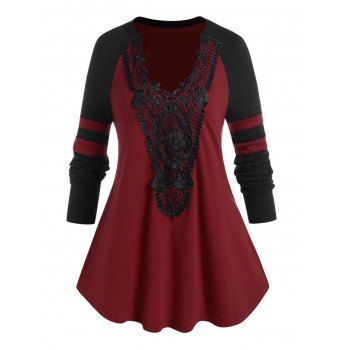 

Plus Size & Curve Tee Two Tone Flower Lace Applique T-shirt Long Sleeve Colorblock Casual T-shirt, Deep red