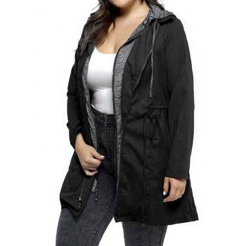 

Plus Size & Curve Coat Drawstring Waist Long Hooded Coat Space Dye Hood Zip Up Coat, Black