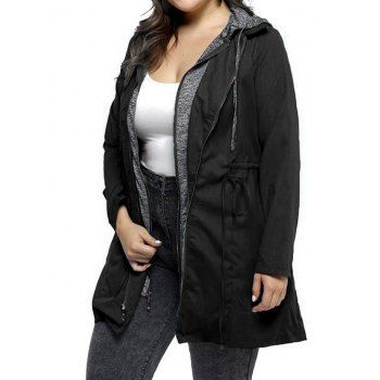

Plus Size & Curve Coat Drawstring Waist Long Hooded Coat Space Dye Hood Zip Up Coat, Black