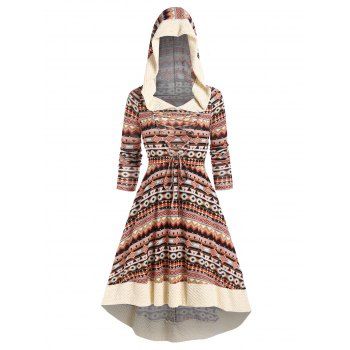 

Ethnic Style Dress Hooded Dress Printed Faux Fur Lace Up Textured Panel A Line Midi Dress, Coffee