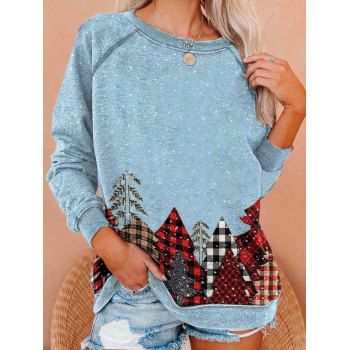 

Christmas Sweatshirt Plaid Print Tree Long Sleeve Round Neck Casual Sweatshirt, Blue