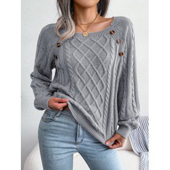 Cable Knit Sweater Mock Button Raglan Sleeve Crew Neck Pullover Sweater