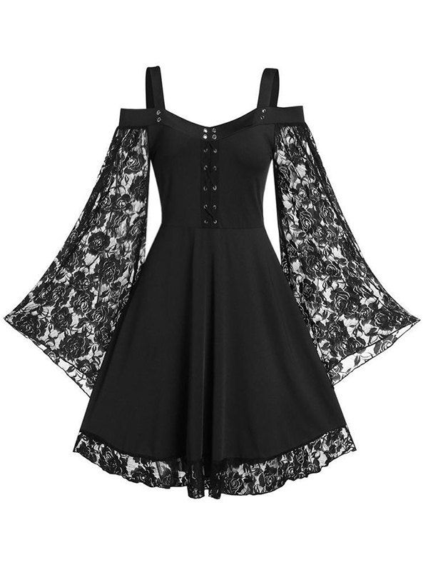 Gothic Dress Solid Color Dress Floral Lace Sleeve Lace Up Cold Shoulder A Line Mini Dress - BLACK M