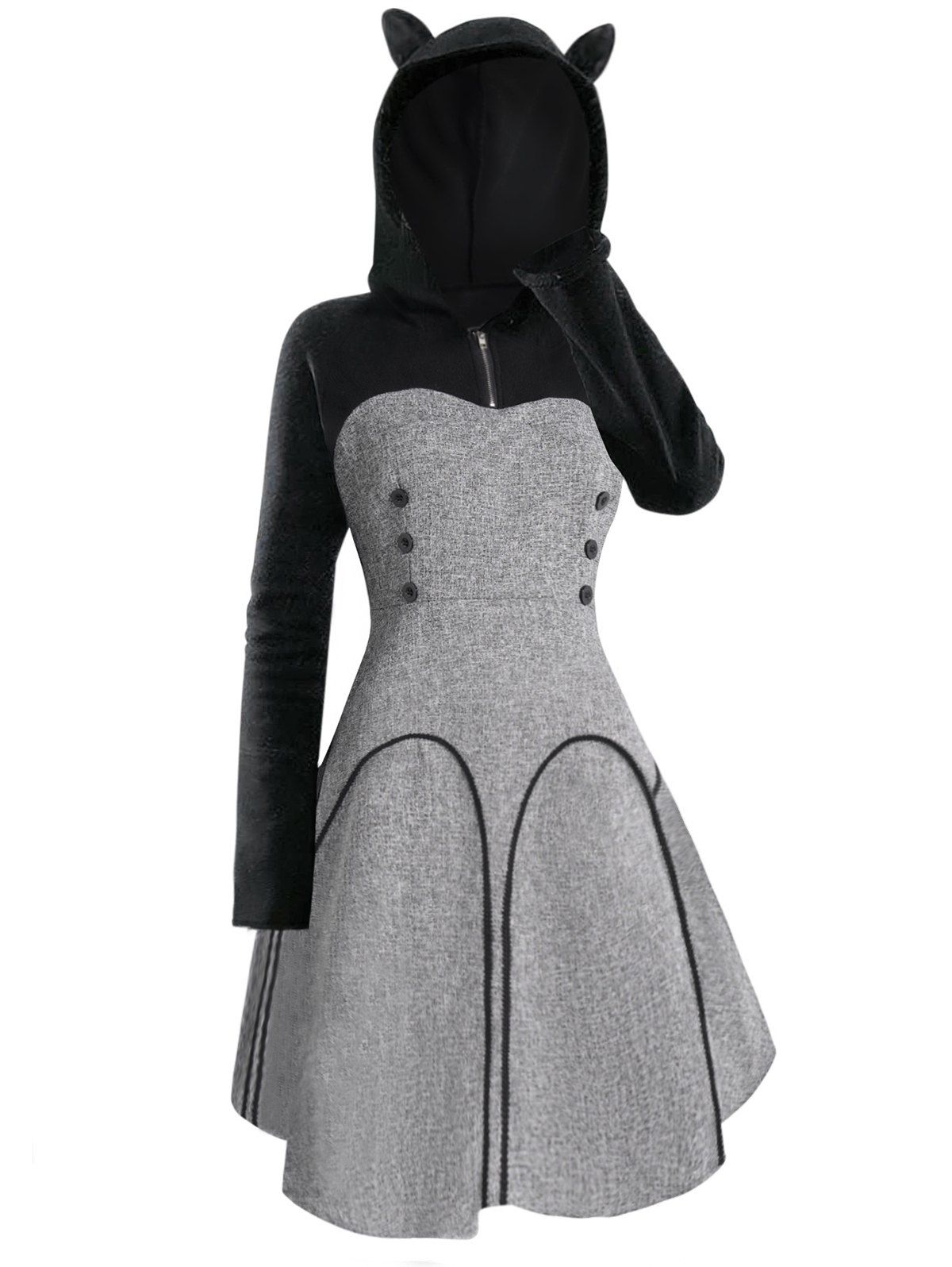 Vintage Colorblock Spliced Hooded Fleece Dress Long Sleeve Mock Button A Line Dress With Animal Ear Hood 