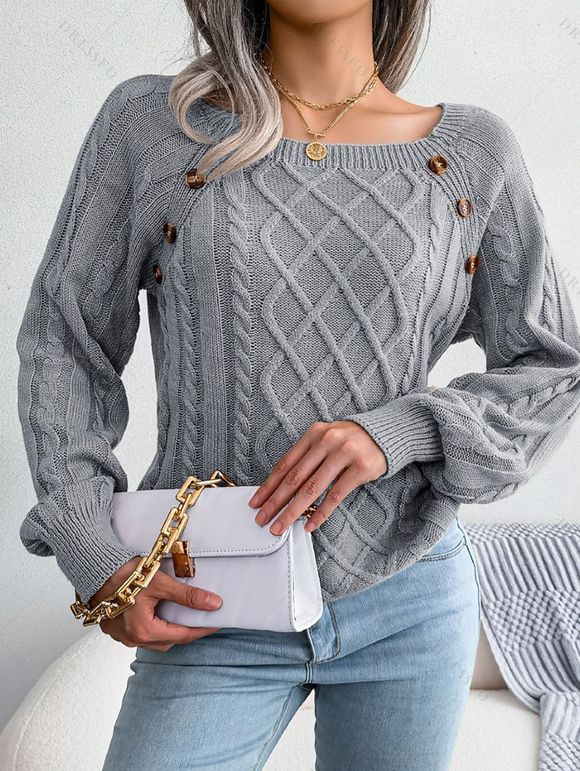 Pull en Tricot à Câble Boutonné à Manches Raglan à Col Rond - Gris S