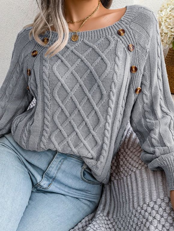 Pull en Tricot à Câble Boutonné à Manches Raglan à Col Rond - Gris S