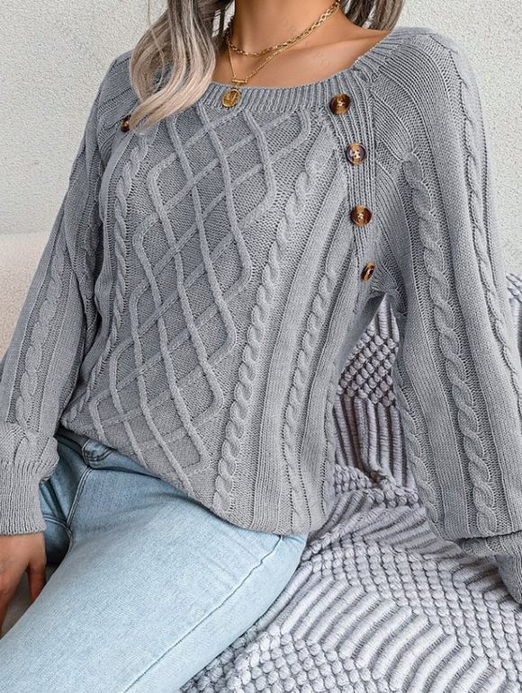 Pull en Tricot à Câble Boutonné à Manches Raglan à Col Rond - Gris S