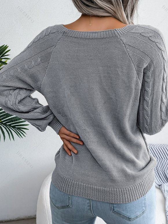 Pull en Tricot à Câble Boutonné à Manches Raglan à Col Rond - Gris S