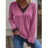Haut Tricoté Fleur Faux Bouton en Dentelle Insérée Au Crochet à Manches Raglan à Col V - Rose clair 3XL