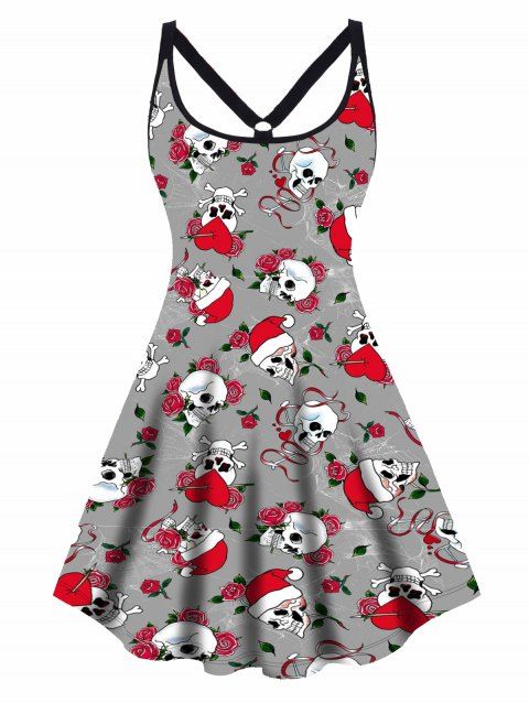 Plus Size Christmas Cap Skulls Rose Heart Print Mini Dress O Ring Elastic Straps Cami Dress
