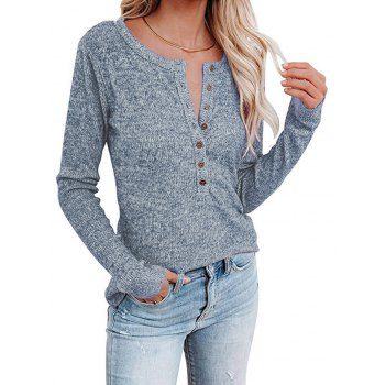 

Half Button Knit Top Long Sleeve Heathered Casual Knitted Top, Blue