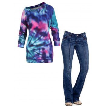 

Swirl Tie Dye Print Long Sleeve Top And Dark Wash Topstitching Pockets Zipper Fly Flare Jeans Casual Outfit, Multicolor
