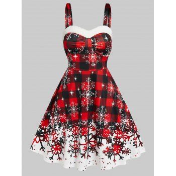 

Plus Size Christmas Snowflake Plaid Print Dress Faux Fur Panel Ruched Bust A Line Dress, Red