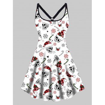 

Plus Size Snowflake Plaid Cap Skull Candy Print Christmas Dress O Ring Elastic Strap Cami Dress, White