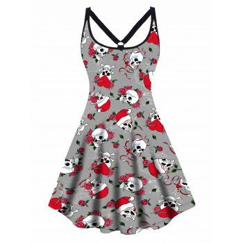 

Plus Size Christmas Cap Skulls Rose Heart Print Mini Dress O Ring Elastic Straps Cami Dress, Light gray