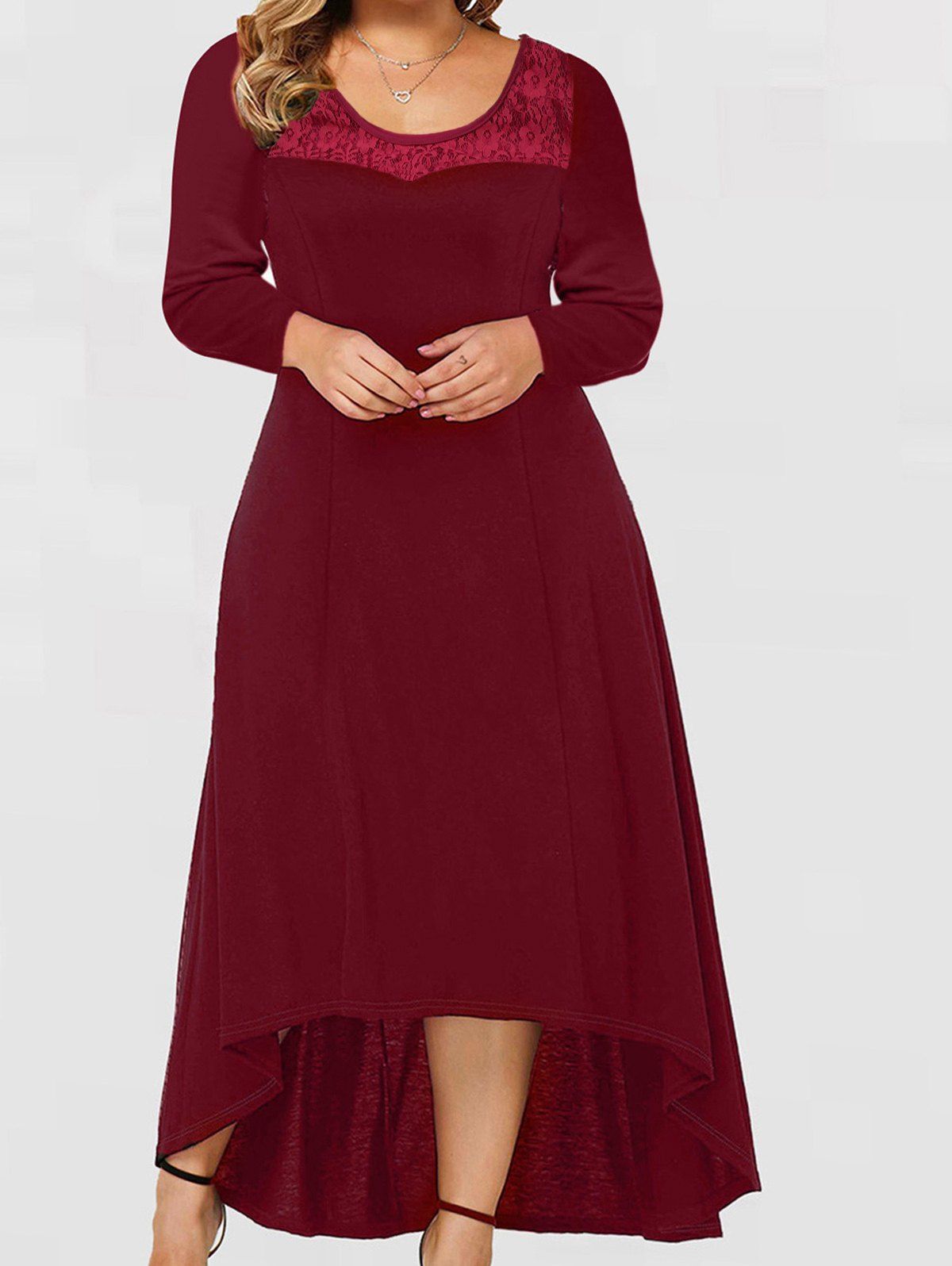 Plus Size & Curve High Low Dress Sheer Flower Lace Panel Long Sleeve Dress - DEEP RED XXXXXL