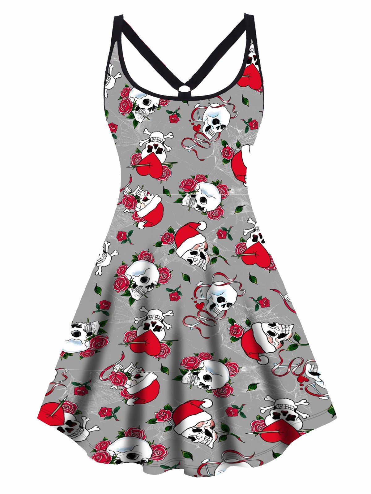 Christmas Cap Skulls Rose Heart Print Mini Dress