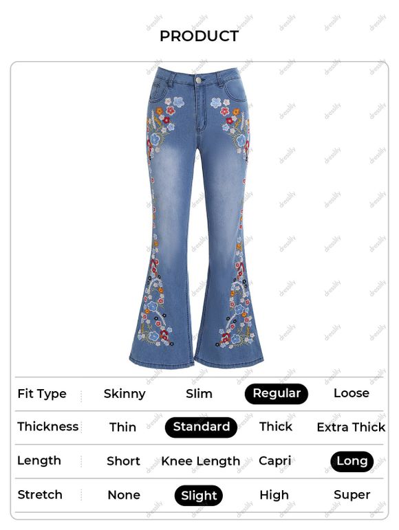 Jean Long Évasé à Broderie Florale avec Poches à Braguette à Glissière - Bleu 3XL