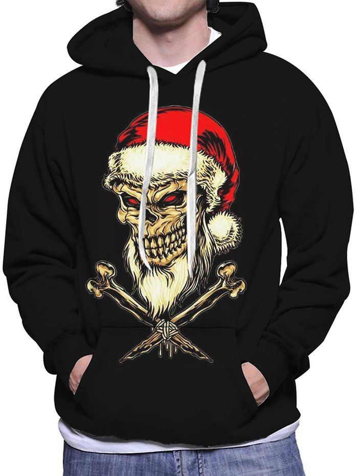Christmas Hoodie Skull With Hat Pattern Drawstring Long Sleeve Sweatshirt With Hood - multicolor L