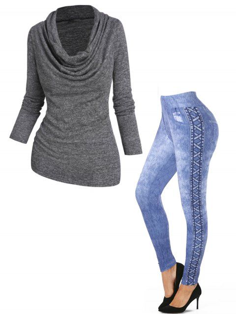 Heather Draped Long Sleeve Sweater And 3D Faux Denim Print Jeggings Casual Outfit