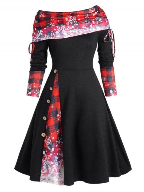 Godet Dress Plaid Snowflake Print Colorblock High Waisted Dress Convertible Neck Cinched A Line Mini Dress