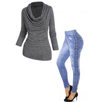 

Heather Draped Long Sleeve Sweater And 3D Faux Denim Print Jeggings Casual Outfit, Multicolor