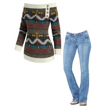 Off The Shoulder Tribal Jacquard Sweater And Topstitching Pockets Zipper Fly Flare Jeans Casual Outfit