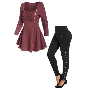 Sweetheart Neck Crossover Peplum Knitwear And Pocket Snap Button Side Leggings Casual Outfit